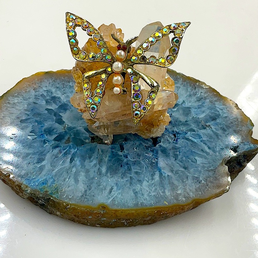 Vtg. (1950’s) Gold Butterfly Brooch With Aurora Borealis Crystals, 2”Lx2”W - Picture 5 of 6